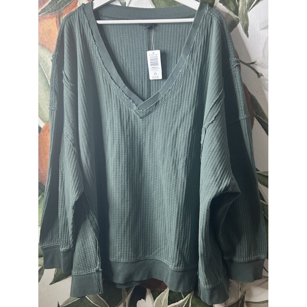 Torrid 2X Waffle Knit Relaxed Drop Shoulder Sweatshirt Forest Green Cotton NWT‎
